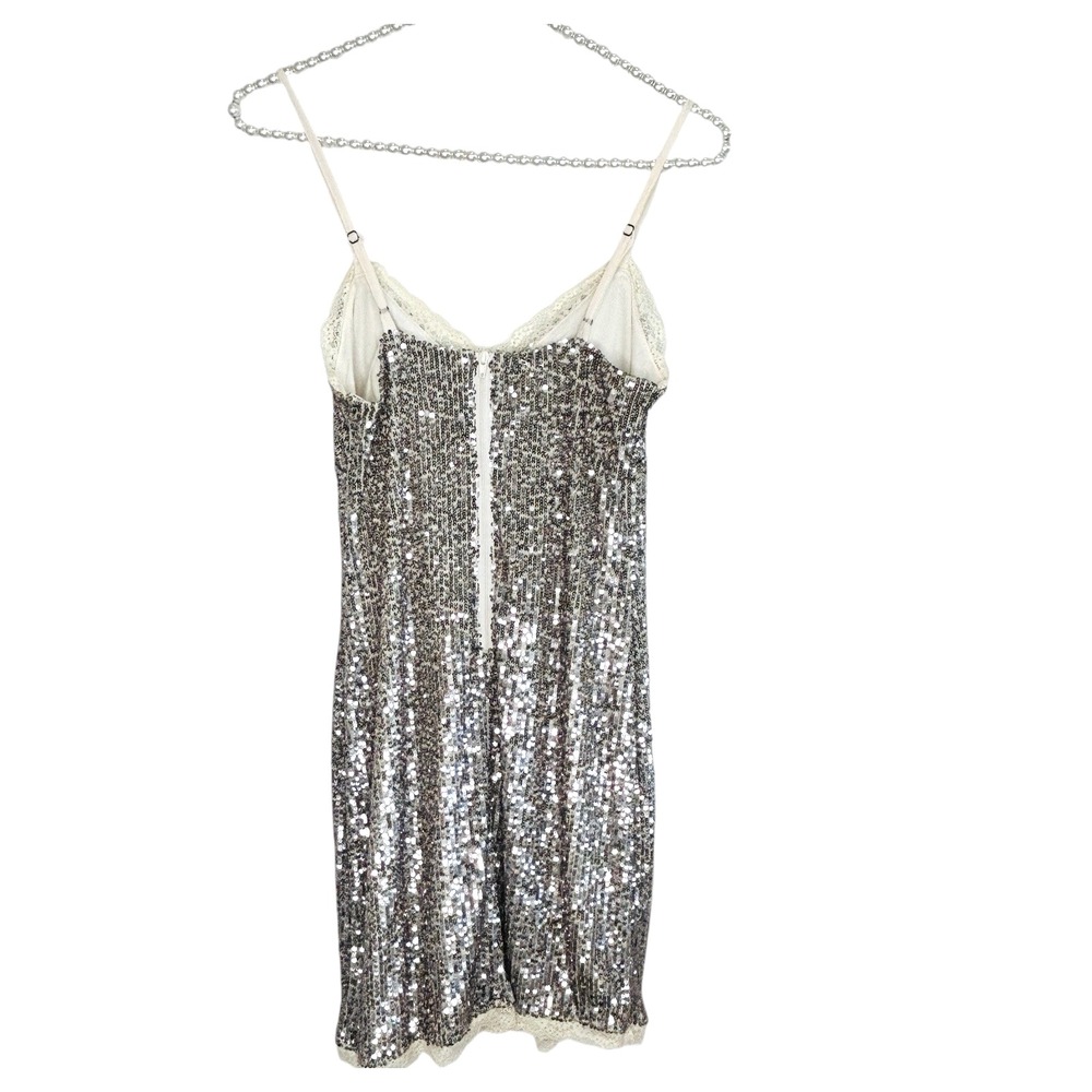 Y2k Sequin Babydoll Slip Dress XS Silver Fairy Mini Lace HOCO Holiday Party Club - Picture 2 of 9